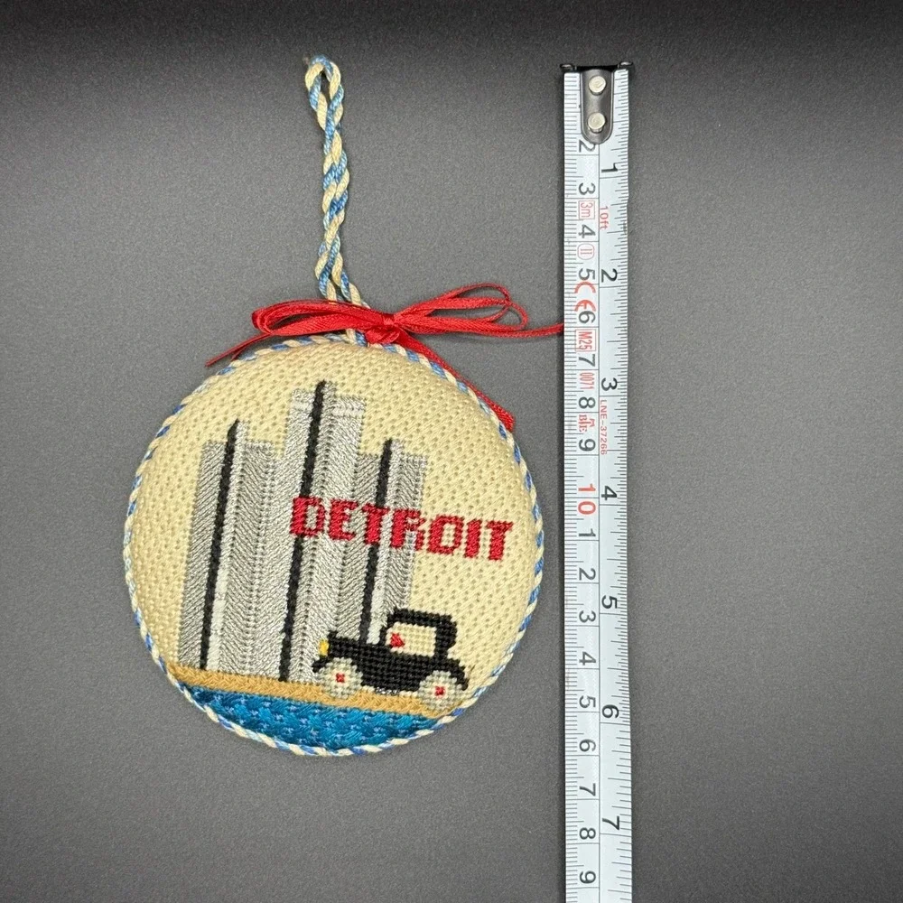 Detroit Skyline Vintage Car Needlepoint Christmas Ornament Motor‎ City Souvenir
